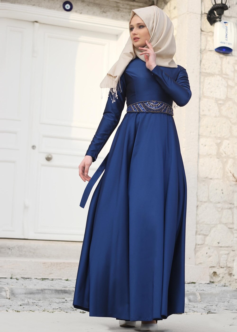 Vêtements hijab BLEU MARINE T 1788 Tuay Tafta Kuşağı Boncuk İşlemeli Abiye