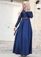 Vêtements hijab BLEU MARINE T 1788 Tuay Tafta Kuşağı Boncuk İşlemeli Abiye