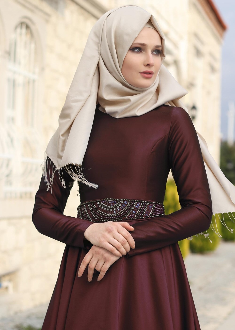 Vêtements hijab ROUGE BORDEAUX T 1788 Tuay Tafta Kuşağı Boncuk İşlemeli Abiye