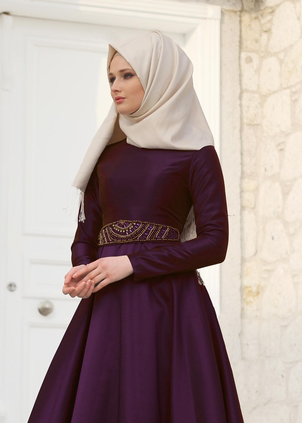 Vêtements hijab PRUNE T 1788 Tuay Tafta Kuşağı Boncuk İşlemeli Abiye