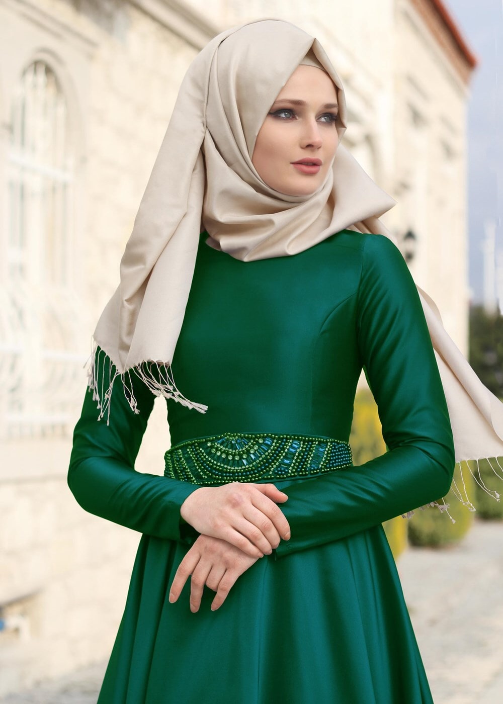 Vêtements hijab VERT T 1788 Tuay Tafta Kuşağı Boncuk İşlemeli Abiye
