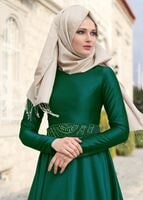 Vêtements hijab VERT T 1788 Tuay Tafta Kuşağı Boncuk İşlemeli Abiye