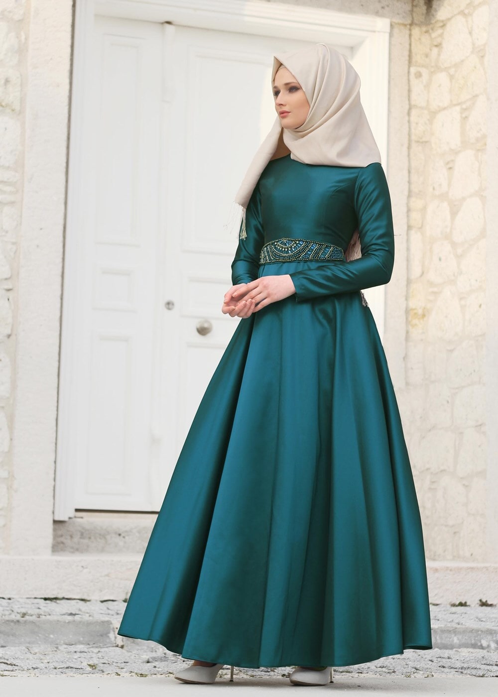Vêtements hijab BLEU T 1788 Tuay Tafta Kuşağı Boncuk İşlemeli Abiye