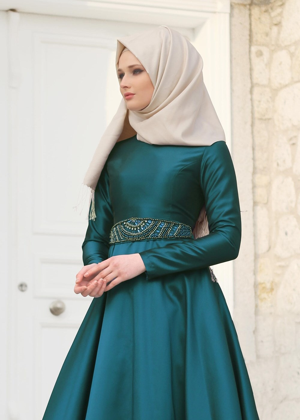 Vêtements hijab BLEU T 1788 Tuay Tafta Kuşağı Boncuk İşlemeli Abiye