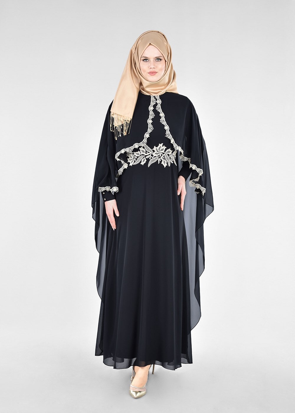 Vêtements hijab NOIR T 52436 Fy Collection-Dantel Detaylı Pelerinli Abiye