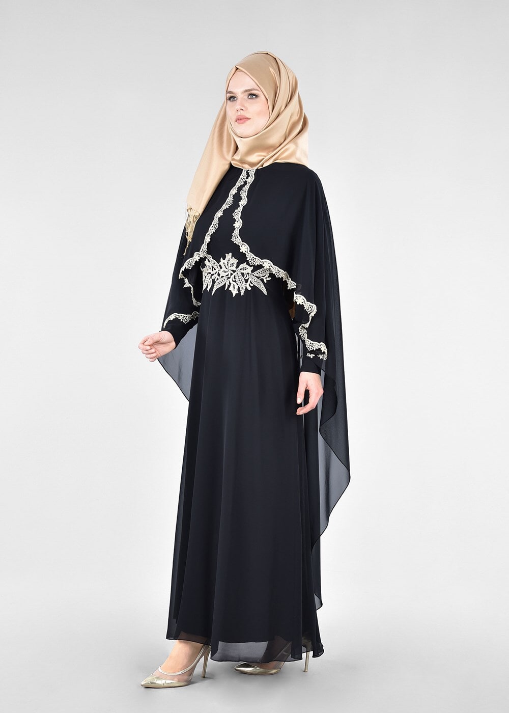 Vêtements hijab NOIR T 52436 Fy Collection-Dantel Detaylı Pelerinli Abiye