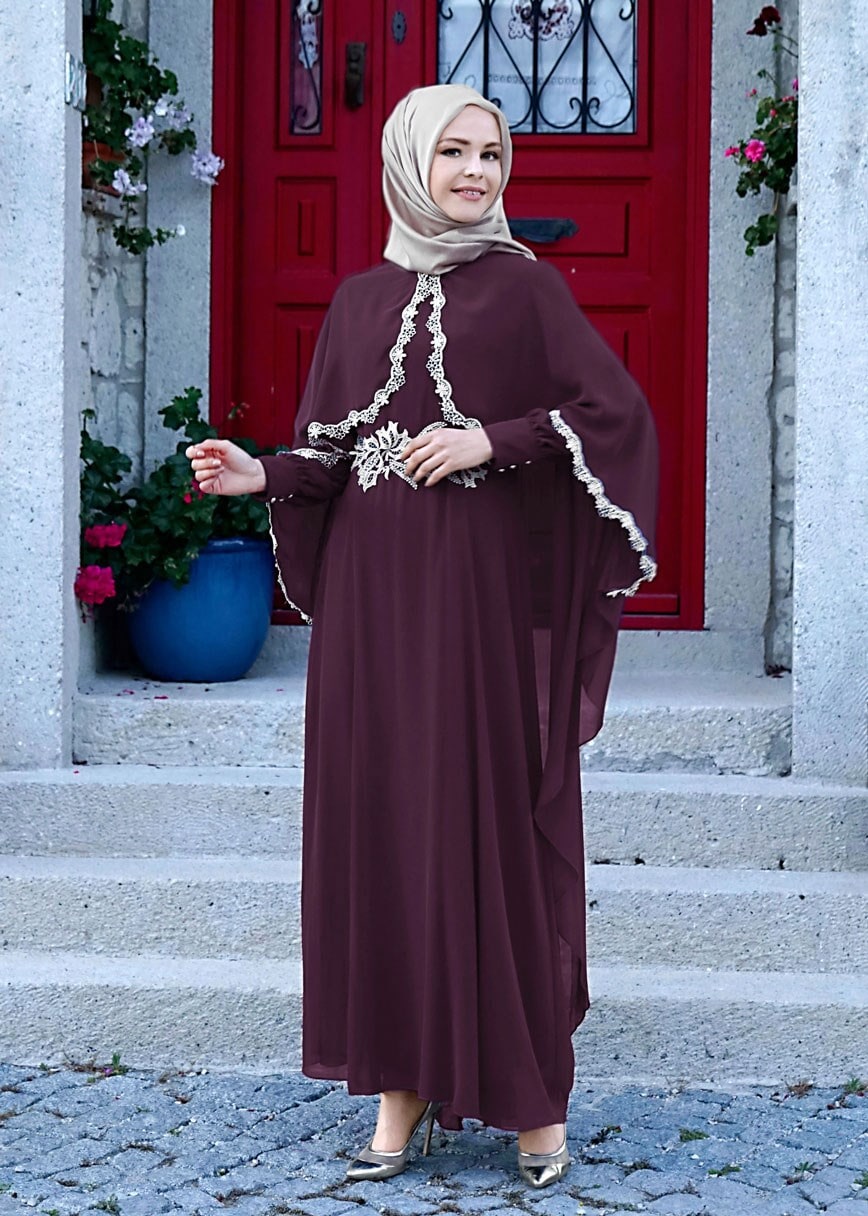 Tesettür giyim MÜRDÜM T 52436 Fy Collection-Dantel Detaylı Pelerinli Abiye