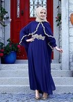 Tesettür giyim LACİVERT T 52436 Fy Collection-Dantel Detaylı Pelerinli Abiye