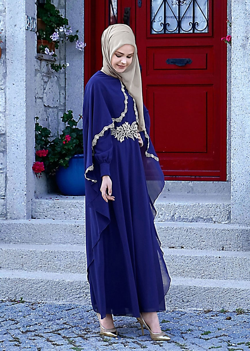 Tesettür giyim LACİVERT T 52436 Fy Collection-Dantel Detaylı Pelerinli Abiye