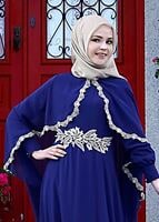 Tesettür giyim LACİVERT T 52436 Fy Collection-Dantel Detaylı Pelerinli Abiye