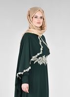 Tesettür giyim YEŞİL T 52436 Fy Collection-Dantel Detaylı Pelerinli Abiye
