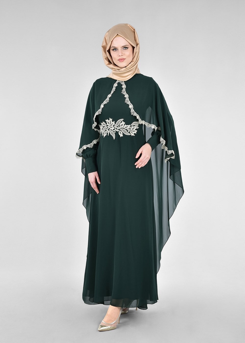 Tesettür giyim YEŞİL T 52436 Fy Collection-Dantel Detaylı Pelerinli Abiye