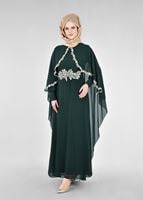 Tesettür giyim YEŞİL T 52436 Fy Collection-Dantel Detaylı Pelerinli Abiye