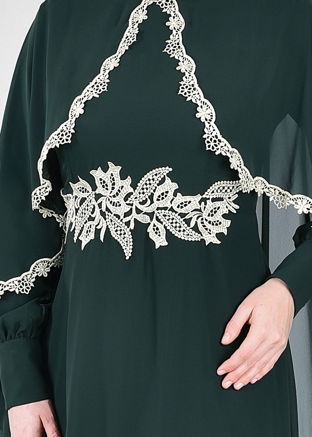 Tesettür giyim YEŞİL T 52436 Fy Collection-Dantel Detaylı Pelerinli Abiye