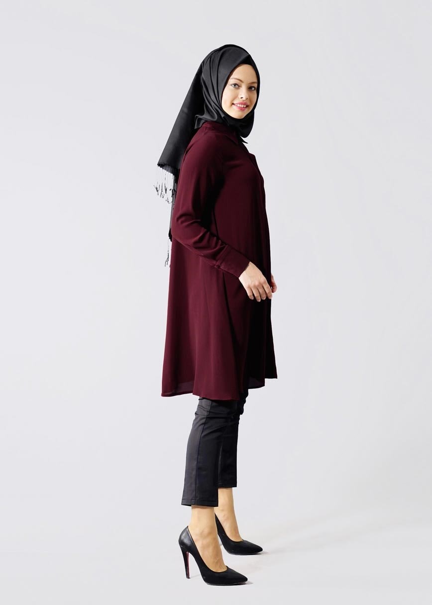 Tesettür giyim BORDO T 671 Mısra Erkek Yaka Salaş Tunik