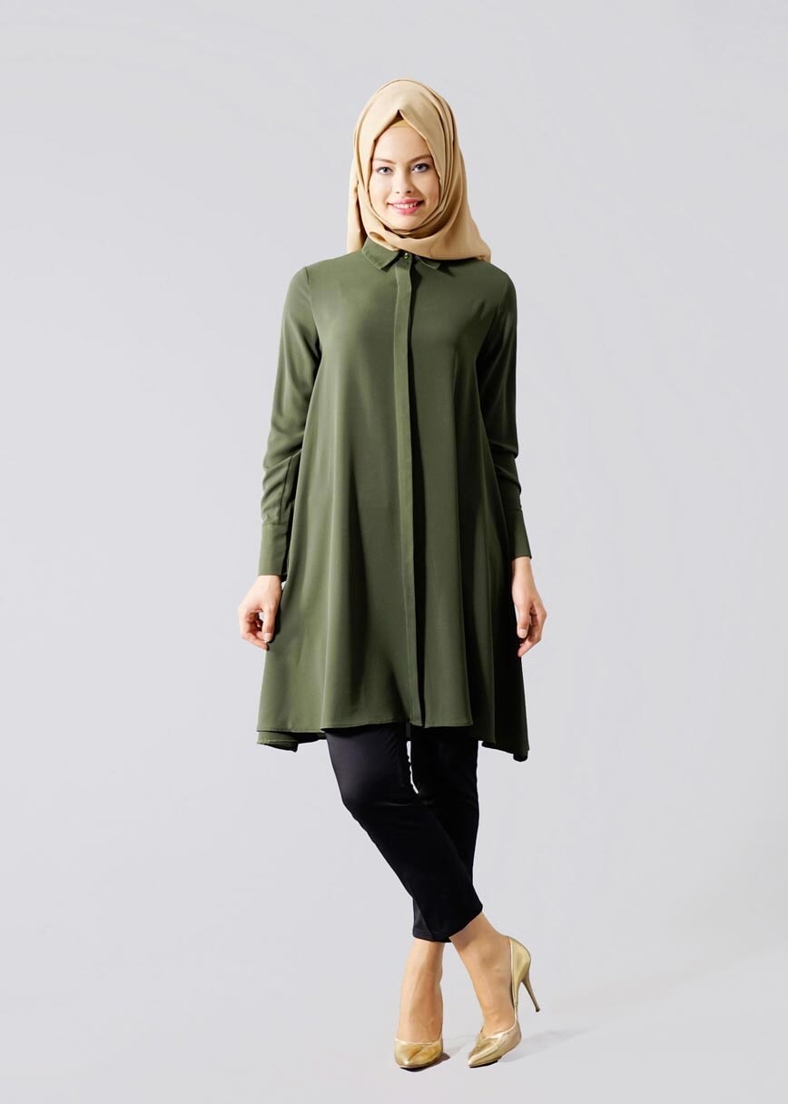 Tesettür giyim HAKİ T 671 Mısra Erkek Yaka Salaş Tunik