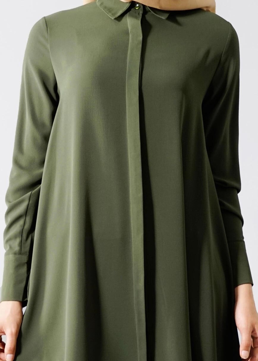 Tesettür giyim HAKİ T 671 Mısra Erkek Yaka Salaş Tunik