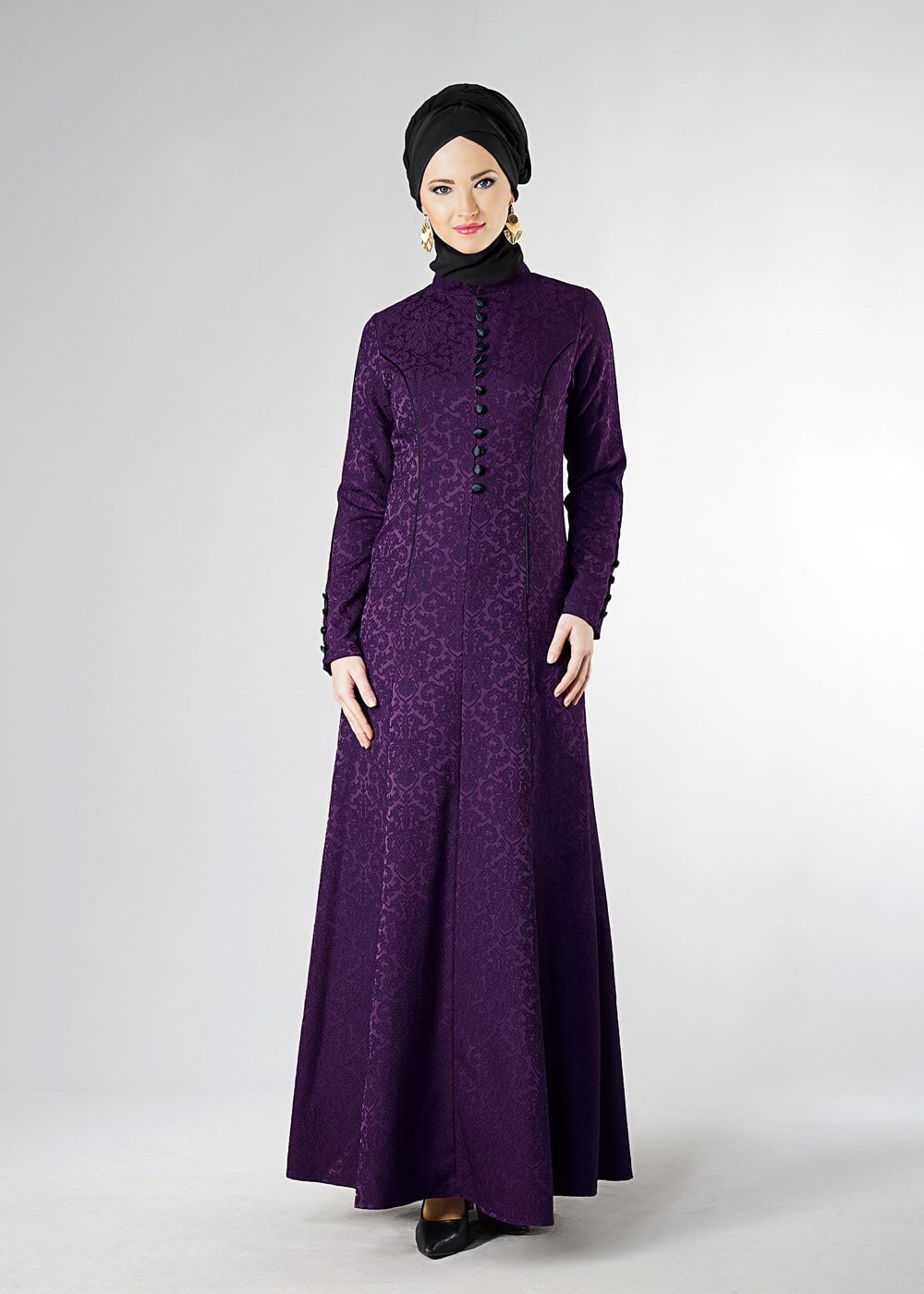 Vêtements hijab POURPRE ROBE DE SOIRÉE À COL MAO À BOUTONNÉ 5703 