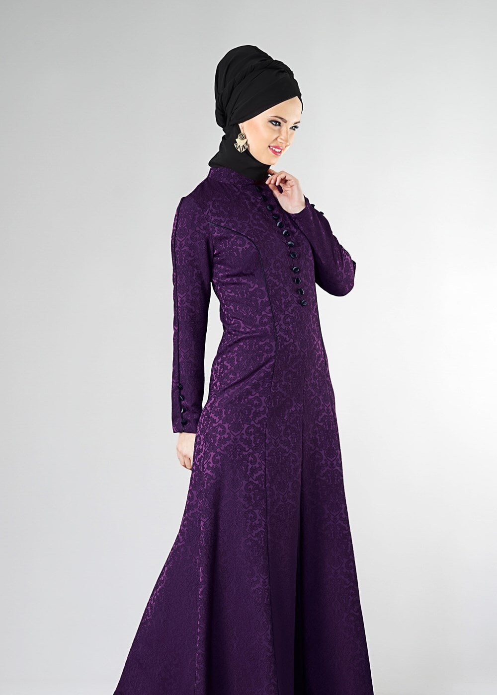 Vêtements hijab POURPRE ROBE DE SOIRÉE À COL MAO À BOUTONNÉ 5703 