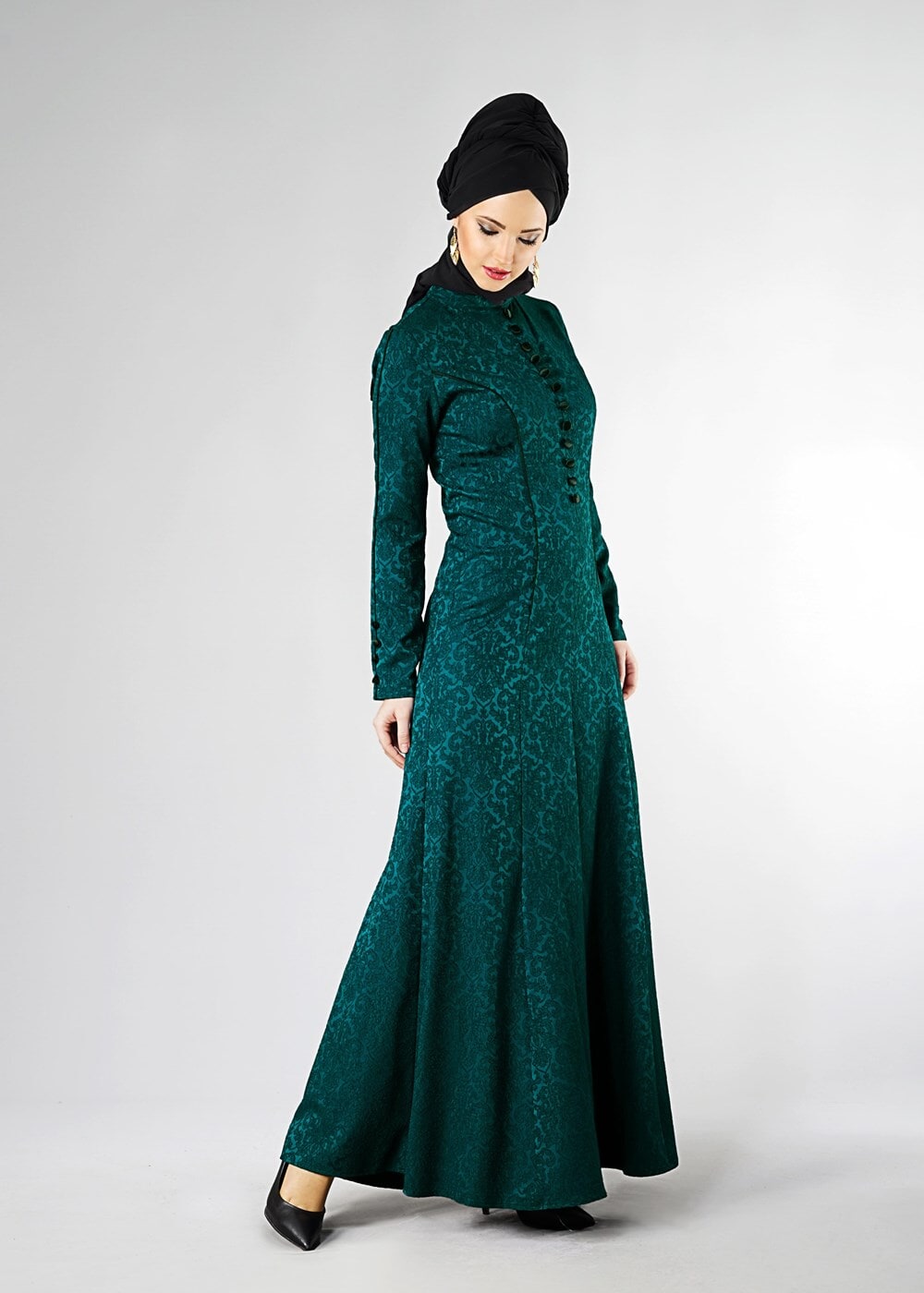 Vêtements hijab VERT ROBE DE SOIRÉE À COL MAO À BOUTONNÉ 5703 