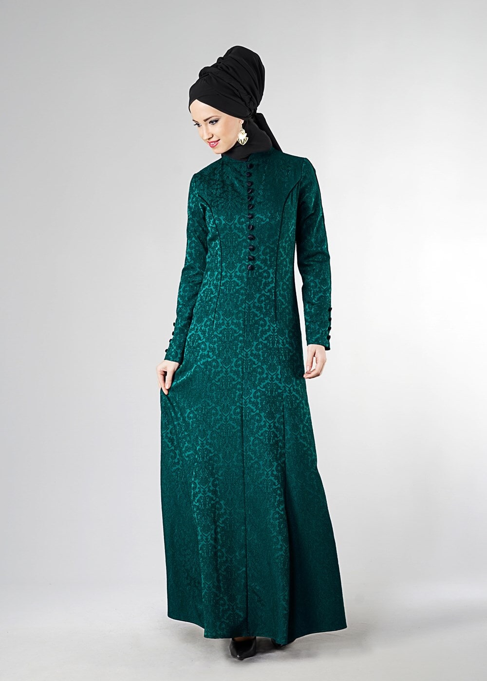Vêtements hijab VERT ROBE DE SOIRÉE À COL MAO À BOUTONNÉ 5703 