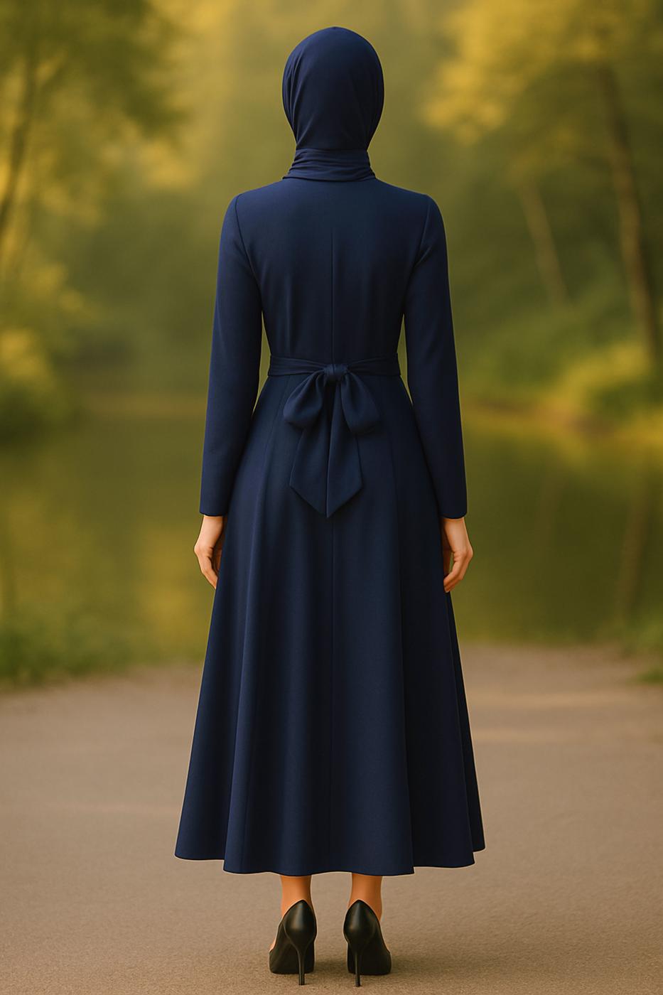Hijab clothing NAVY BLUE MANDARIN COLLAR BELTED FORMAL 6313