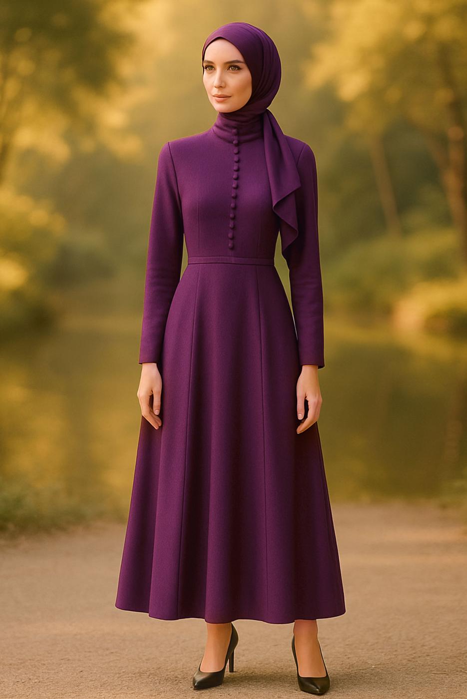Hijab clothing PLUM MANDARIN COLLAR BELTED FORMAL 6313