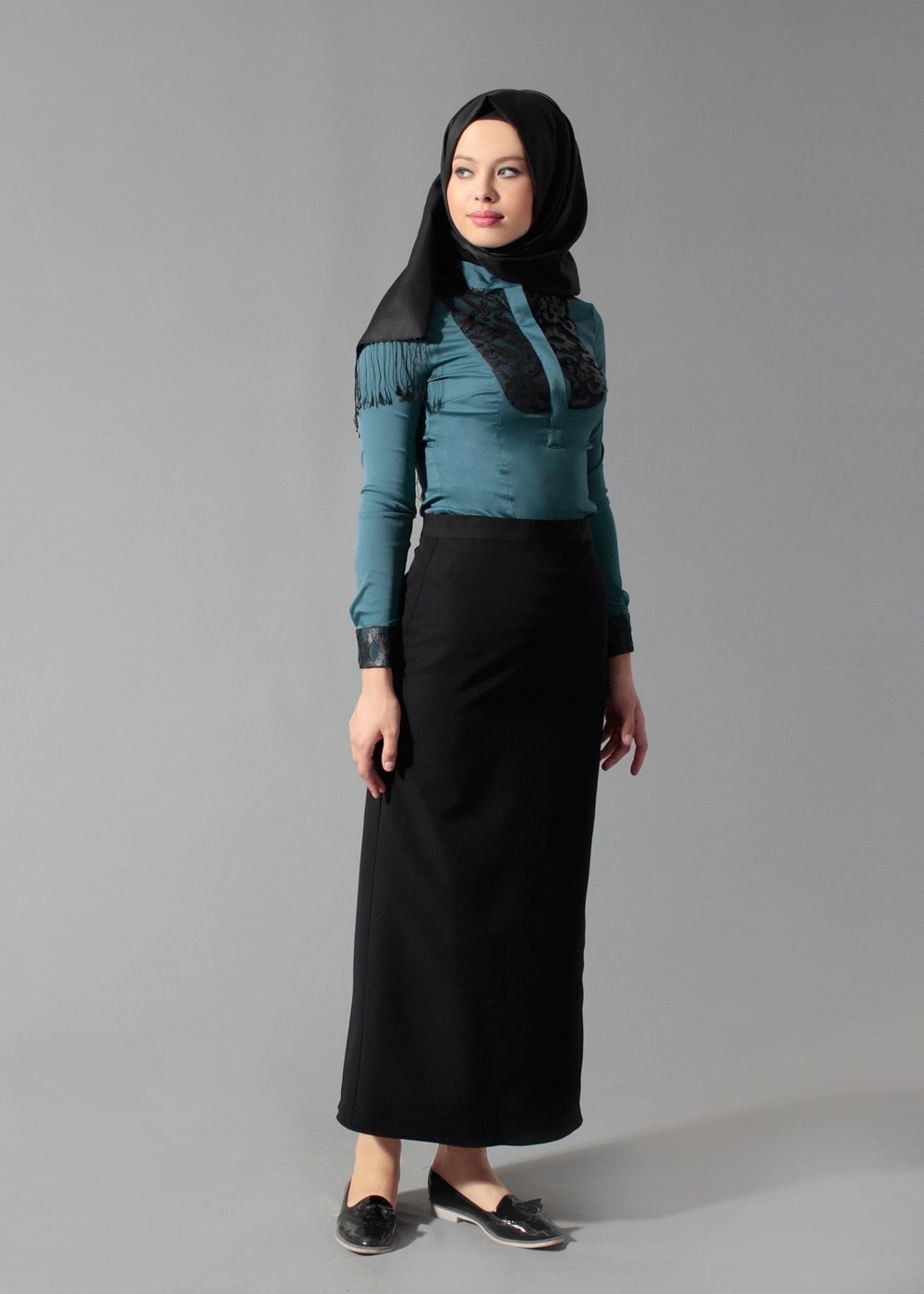 Tesettür giyim YEŞİL GÜPÜR DETAYLI BLUZ 4134 