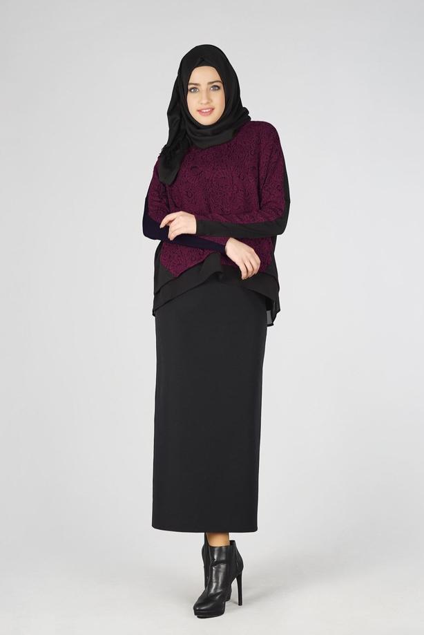 Hijab clothing CLARET RED GUIPURE DETAIL 2-COLOR BLOUSE 4520  - TRENDTESETTÜR
