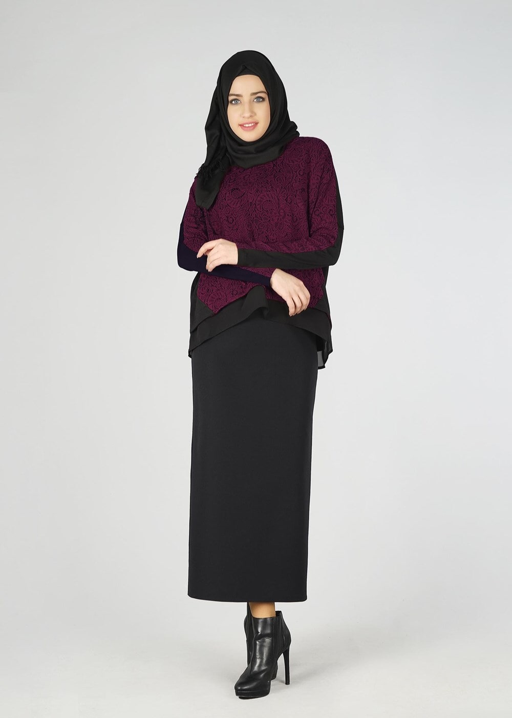 Hijab clothing CLARET RED GUIPURE DETAIL 2-COLOR BLOUSE 4520 