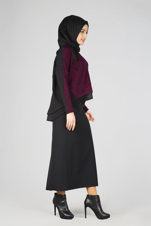 Hijab clothing CLARET RED GUIPURE DETAIL 2-COLOR BLOUSE 4520  - TRENDTESETTÜR