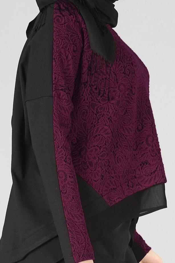 Hijab clothing CLARET RED GUIPURE DETAIL 2-COLOR BLOUSE 4520  - TRENDTESETTÜR