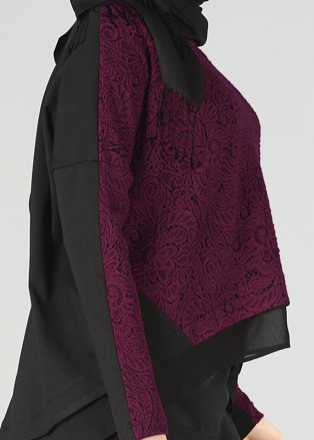 Hijab clothing CLARET RED GUIPURE DETAIL 2-COLOR BLOUSE 4520 