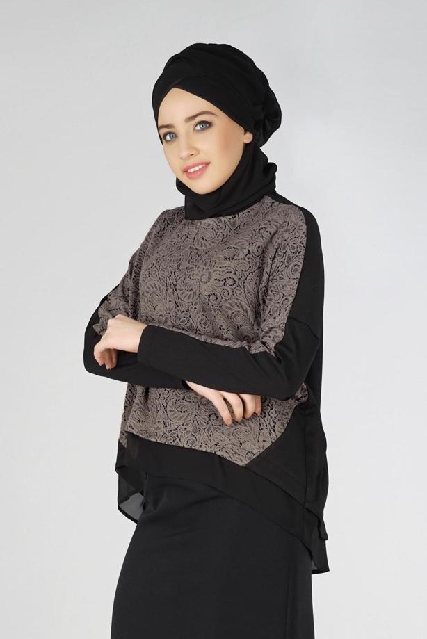 Hijab clothing MINK GUIPURE DETAIL 2-COLOR BLOUSE 4520  - TRENDTESETTÜR