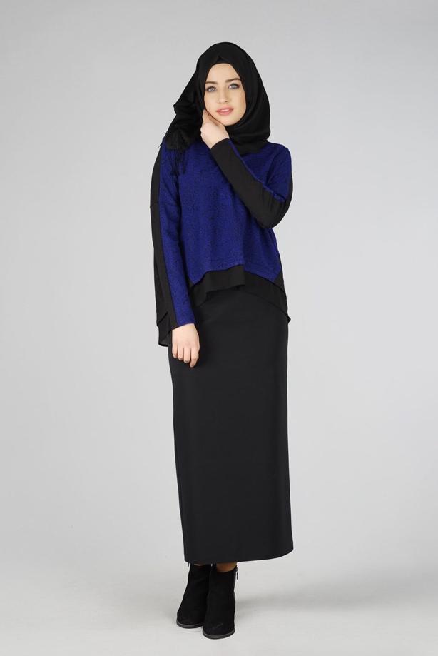 Hijab clothing NAVY BLUE GUIPURE DETAIL 2-COLOR BLOUSE 4520  - TRENDTESETTÜR