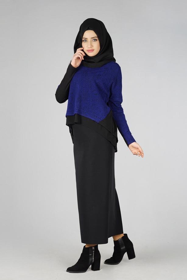 Hijab clothing NAVY BLUE GUIPURE DETAIL 2-COLOR BLOUSE 4520  - TRENDTESETTÜR