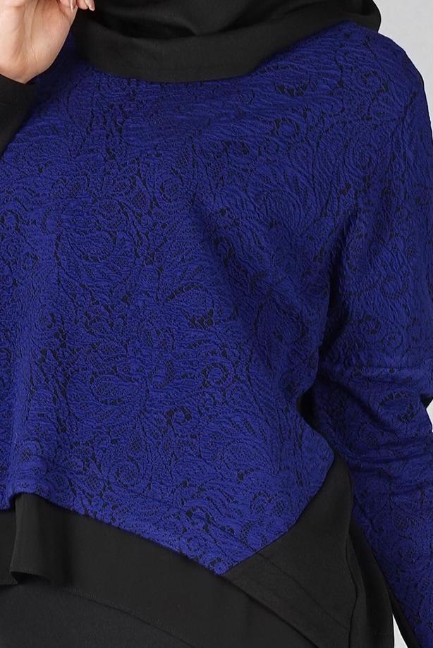 Hijab clothing NAVY BLUE GUIPURE DETAIL 2-COLOR BLOUSE 4520  - TRENDTESETTÜR