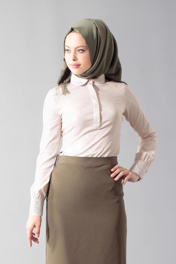 Hijab clothing ECRU GEM DETAILED BLOUSE 4864 - TRENDTESETTÜR