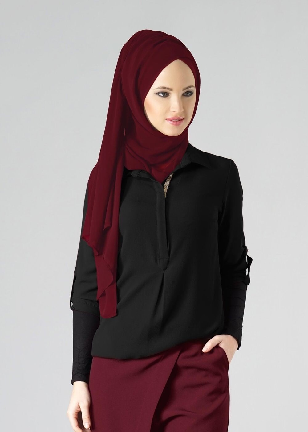 Hijab clothing BLACK CHIFFON THREE-QUARTER SLEEVE BLOUSE 228