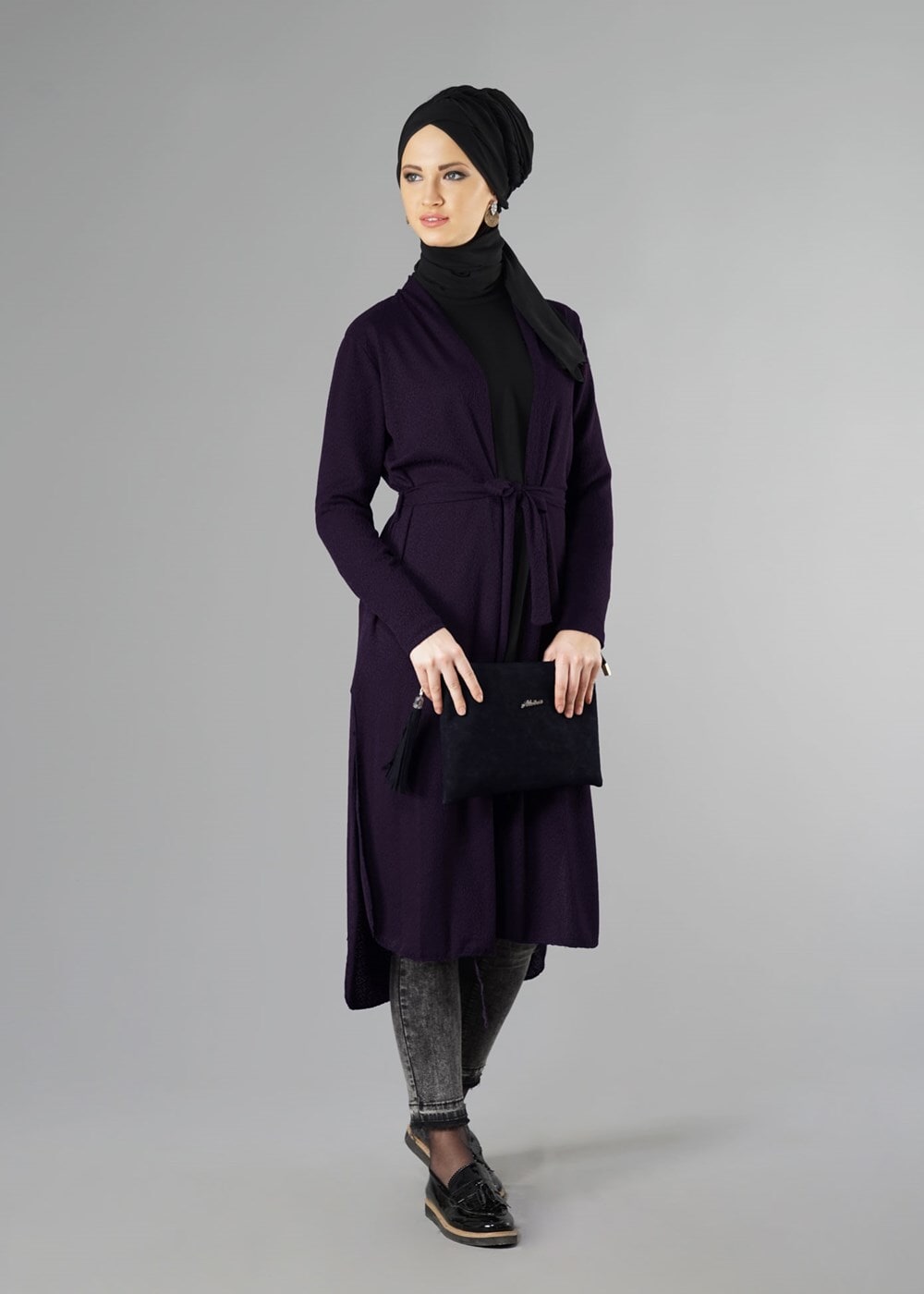 Hijab clothing PURPLE BELTED CARDIGAN 096 