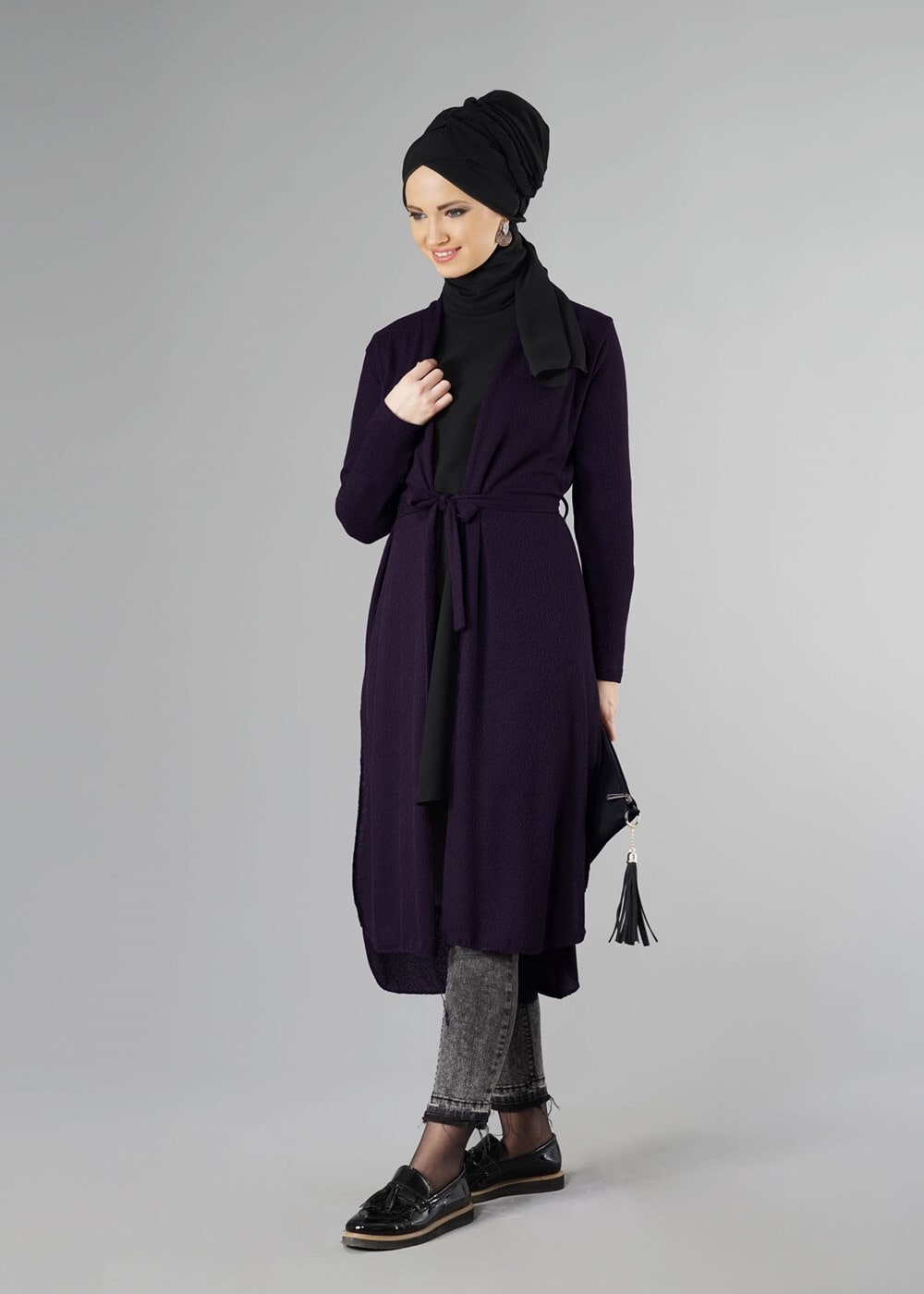 Hijab clothing PURPLE BELTED CARDIGAN 096 