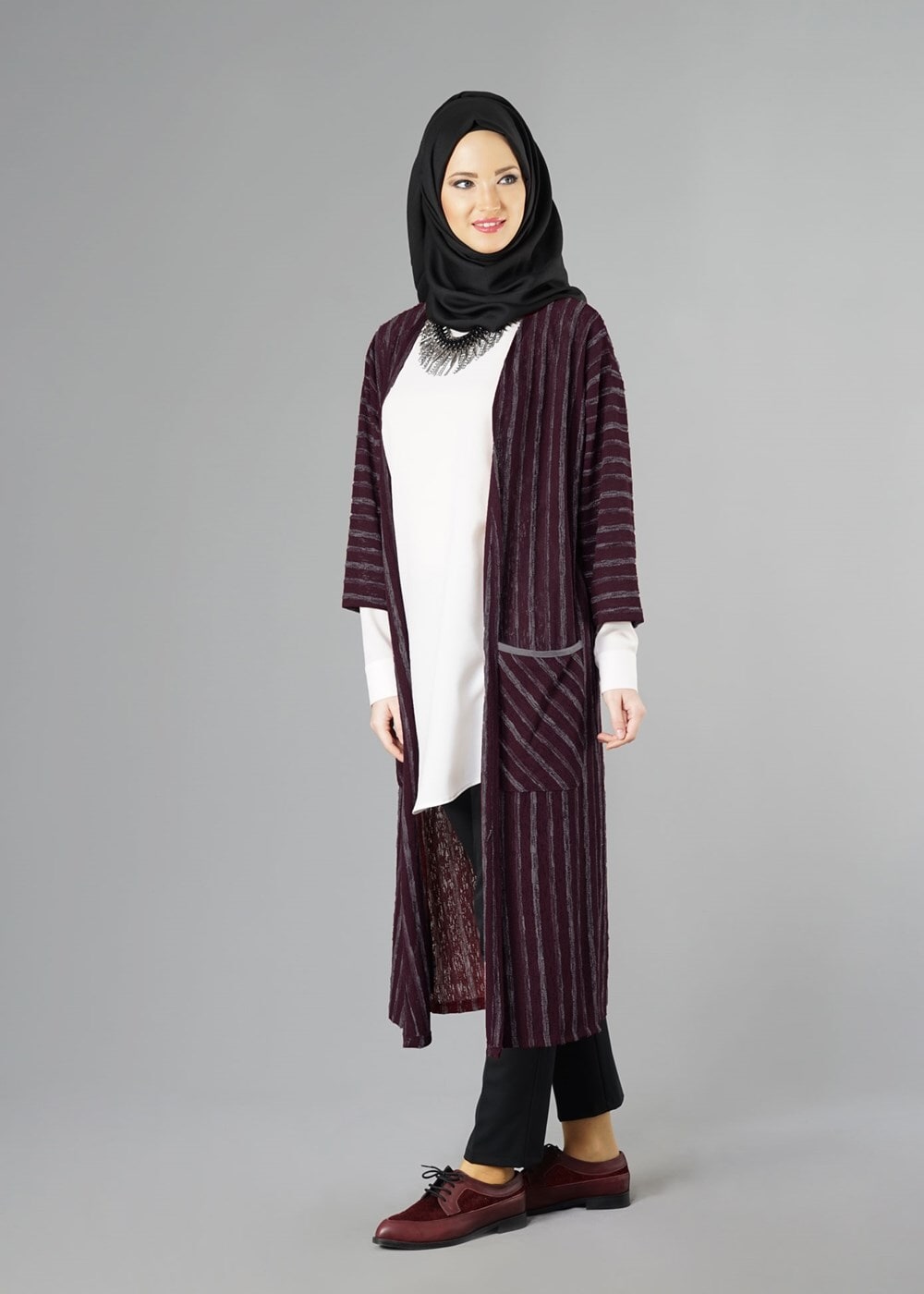 Hijab clothing CLARET RED STRIPPED CARDIGAN 791 