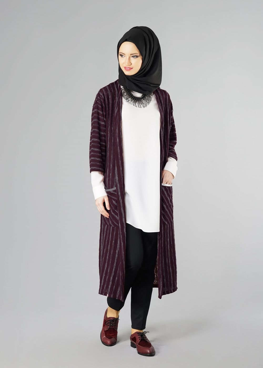Hijab clothing CLARET RED STRIPPED CARDIGAN 791 