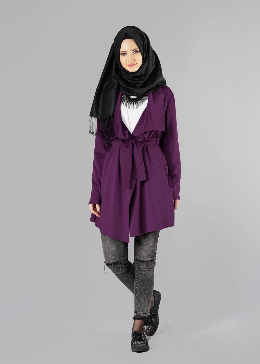 Tesettür giyim MOR BELİ KUŞAKLI CEKET 6130 