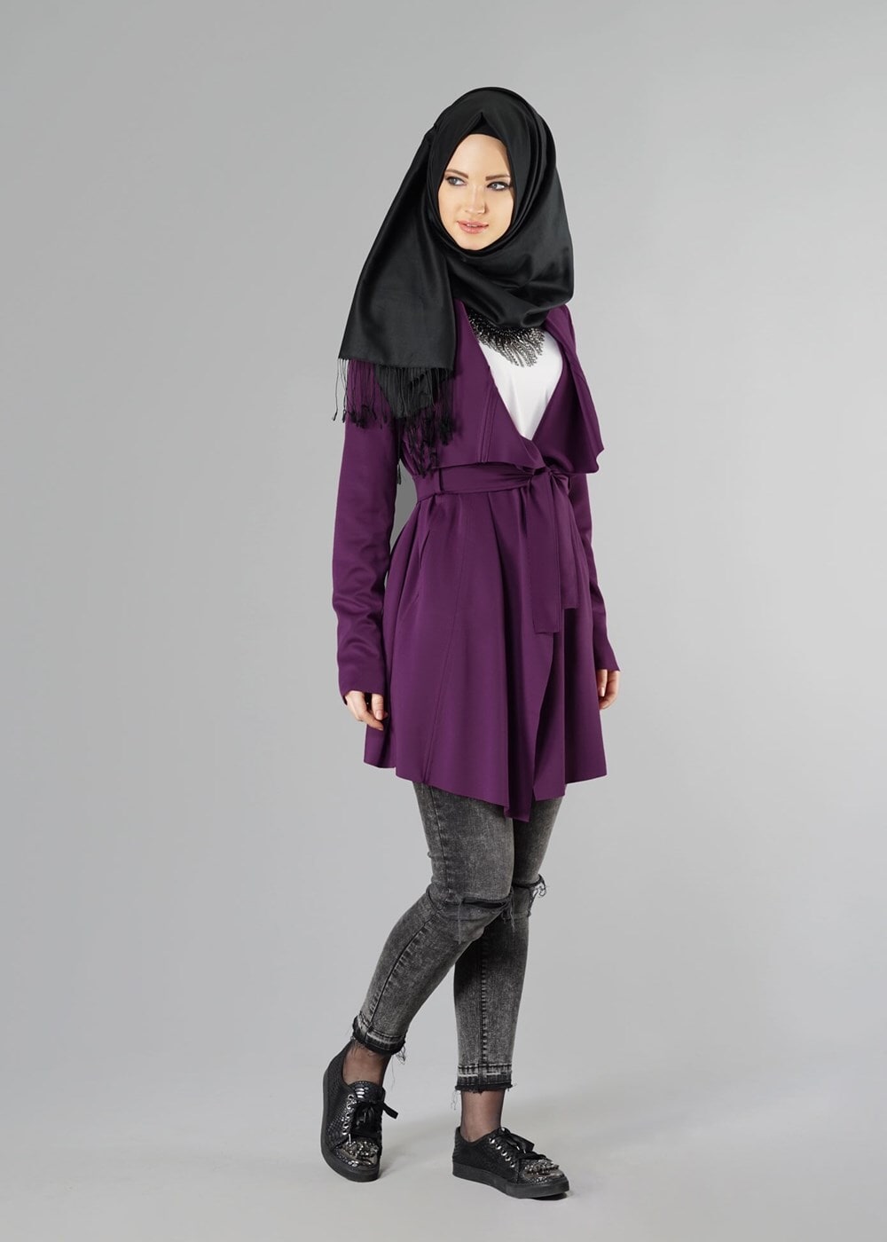 Tesettür giyim MOR BELİ KUŞAKLI CEKET 6130 