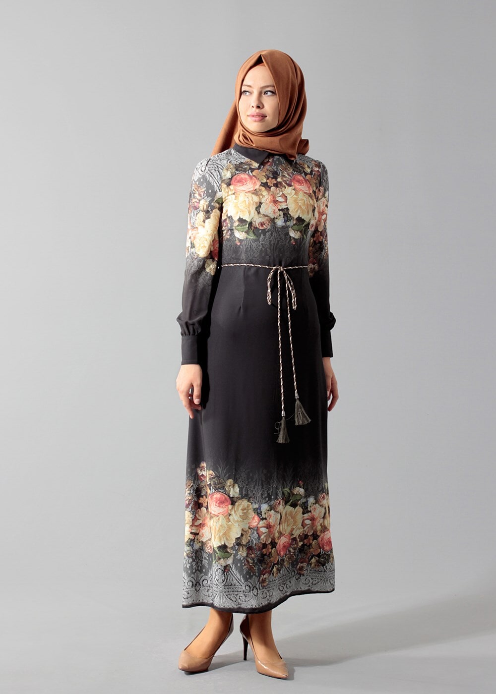 Hijab clothing BLACK FLORAL PRINTED DRESS 4035 