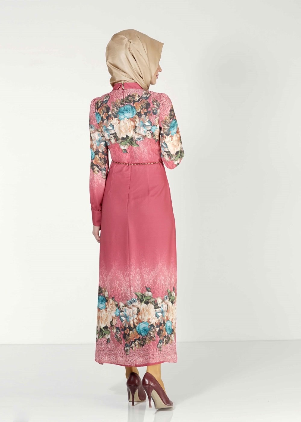 Vêtements hijab ROUGE BORDEAUX ROBE À FLEURS IMPRIMÉES 4035 