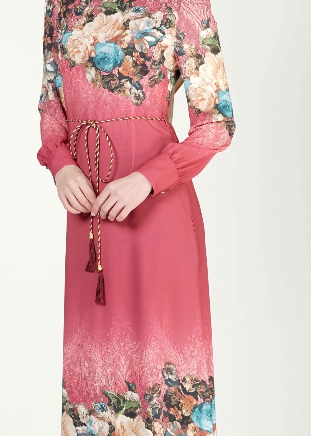 Vêtements hijab ROUGE BORDEAUX ROBE À FLEURS IMPRIMÉES 4035 