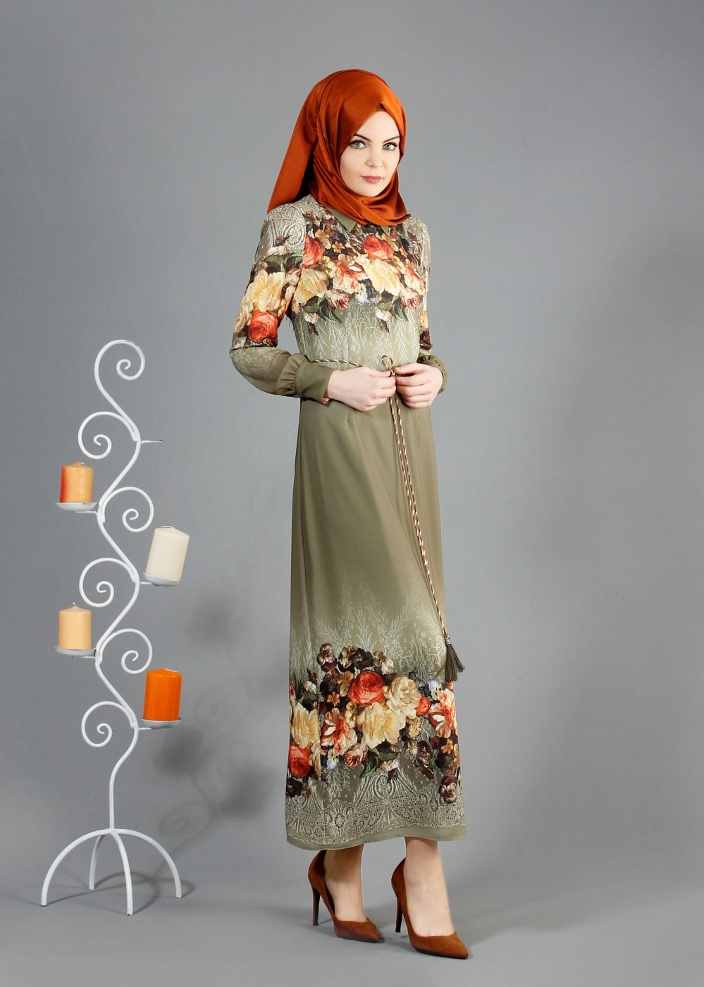 Hijab clothing KHAKI FLORAL PRINTED DRESS 4035