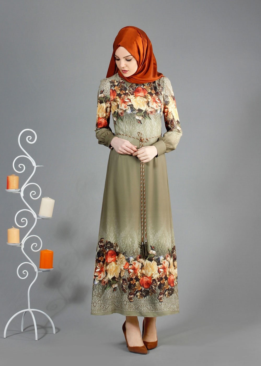 Hijab clothing KHAKI FLORAL PRINTED DRESS 4035
